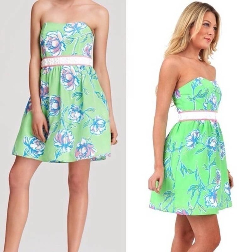 Lilly Pulitzer Langley Strapless Retro Neon Floral Fit & Flare Dress Green Sz 2
